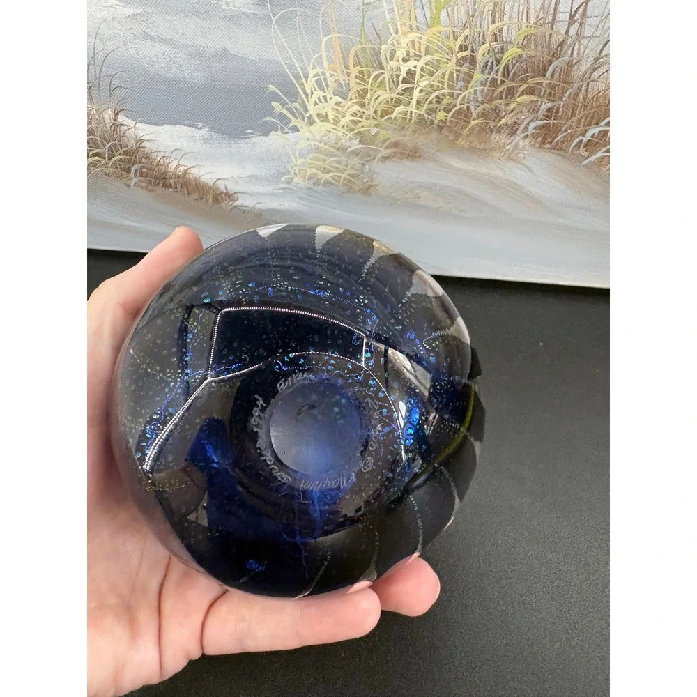 Maytum Studio 1994 Iridescent Art Glass Paperweight Oil Lamp  Blue Green
